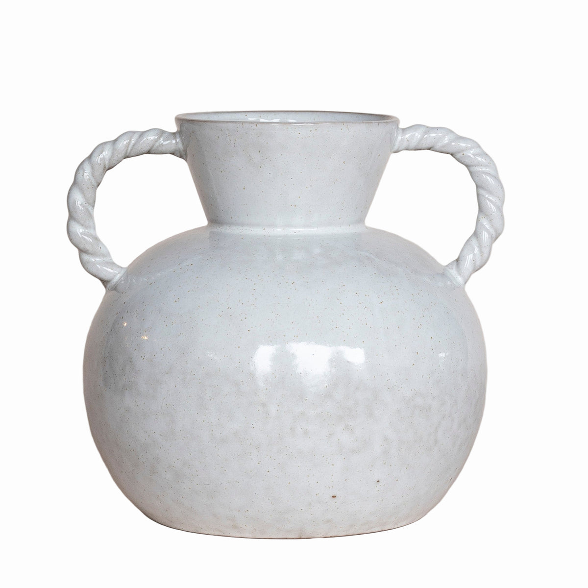 Cream Reactive Glaze Stoneware Vase with Twisted Handles