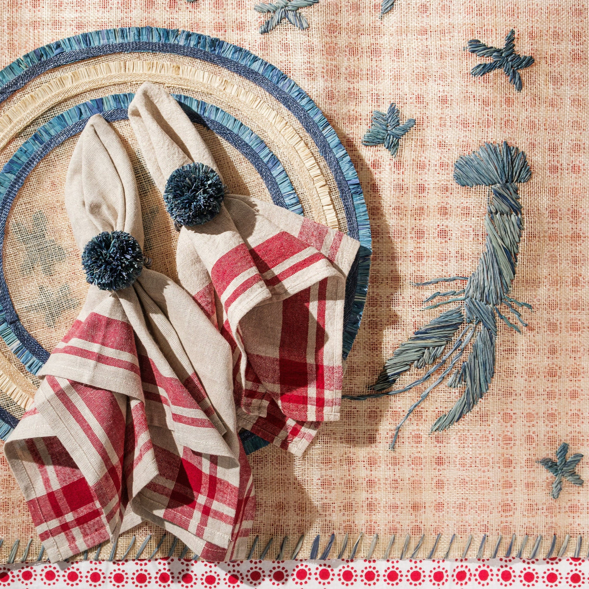 Straw Pompom Napkin Rings – Indigo (Set of 4)