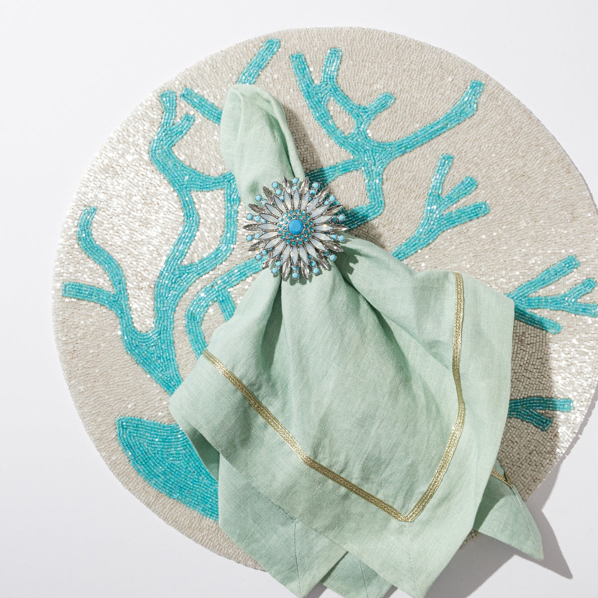 Delicate Coral Hand-Beaded Placemat – Turquoise
