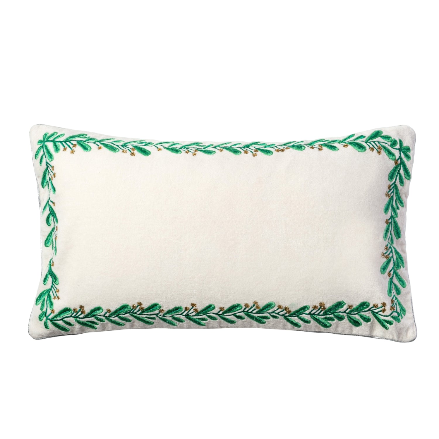 Embroidered Border Mistletoe Pillow – Cream Cotton Velvet