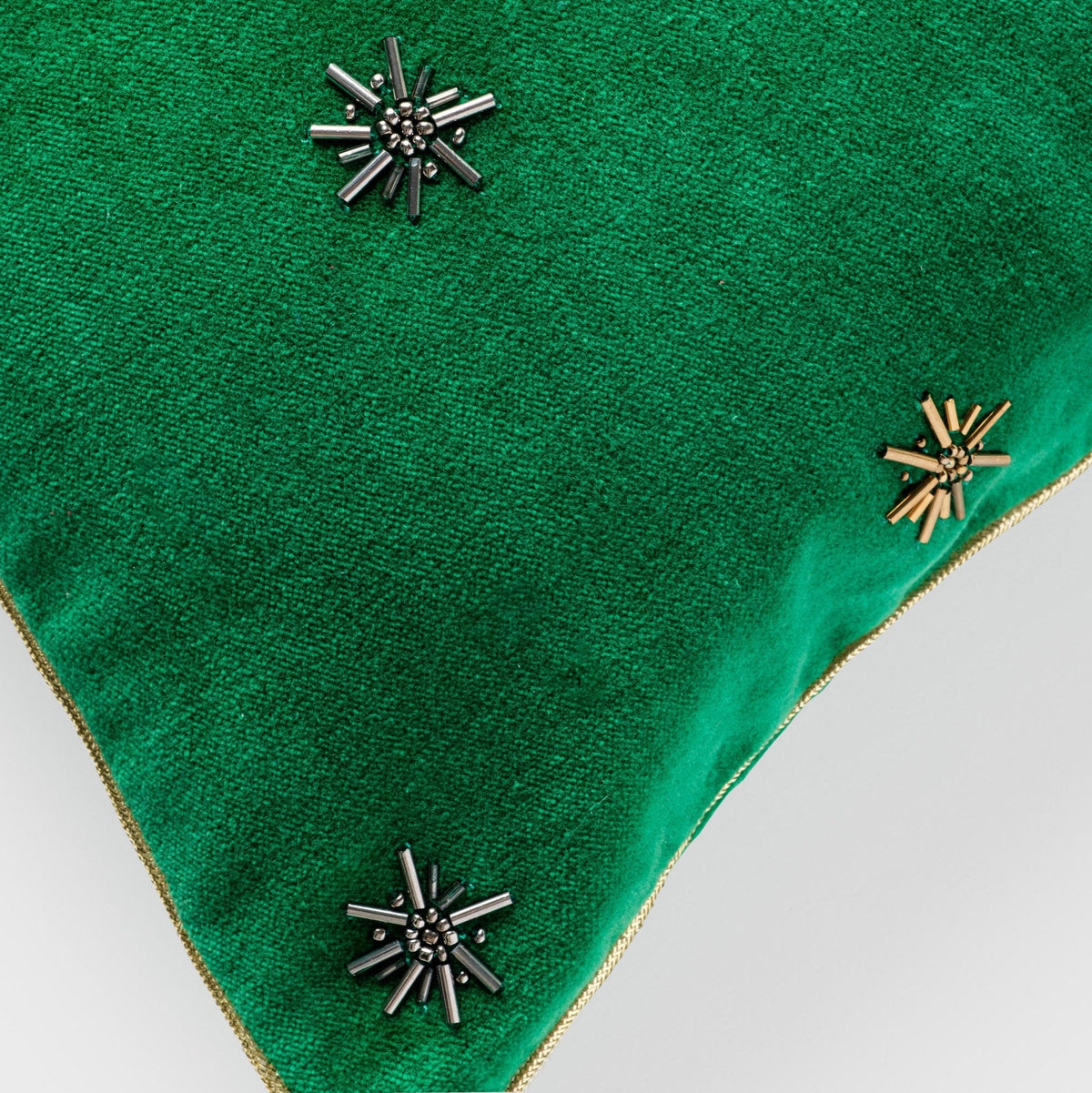 Embroidered Star Pillow – Emerald Green Cotton Velvet