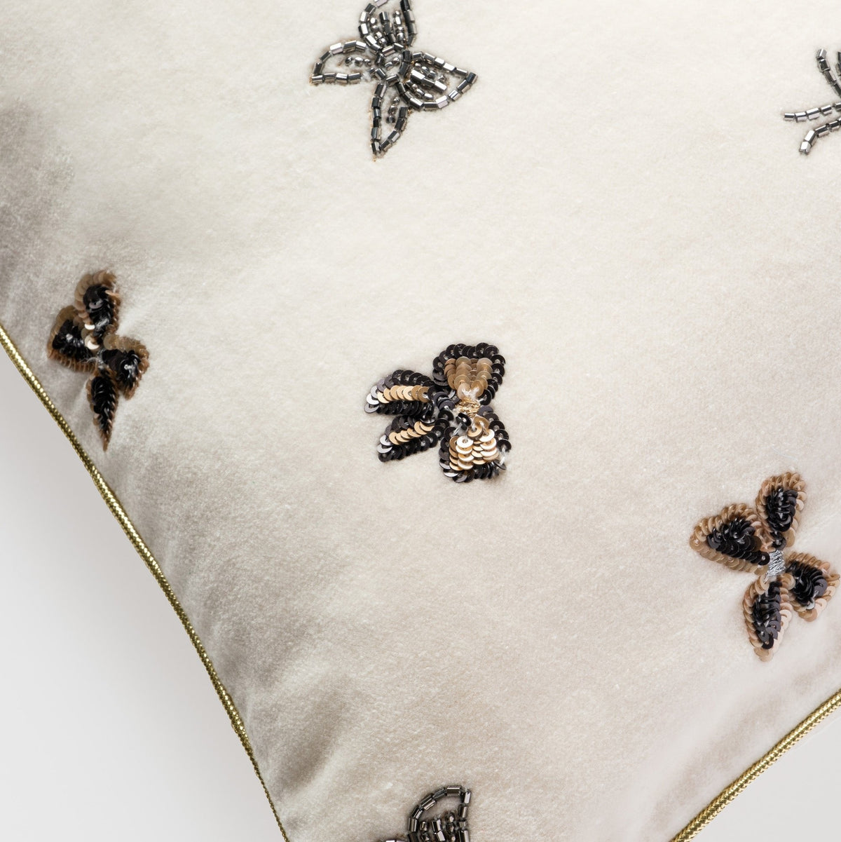 Embroidered Bow Pillow – Cream Cotton Velvet