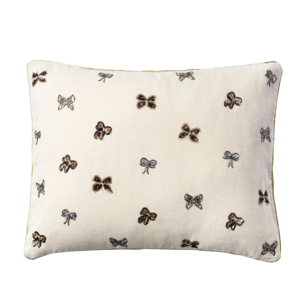 Embroidered Bow Pillow – Cream Cotton Velvet