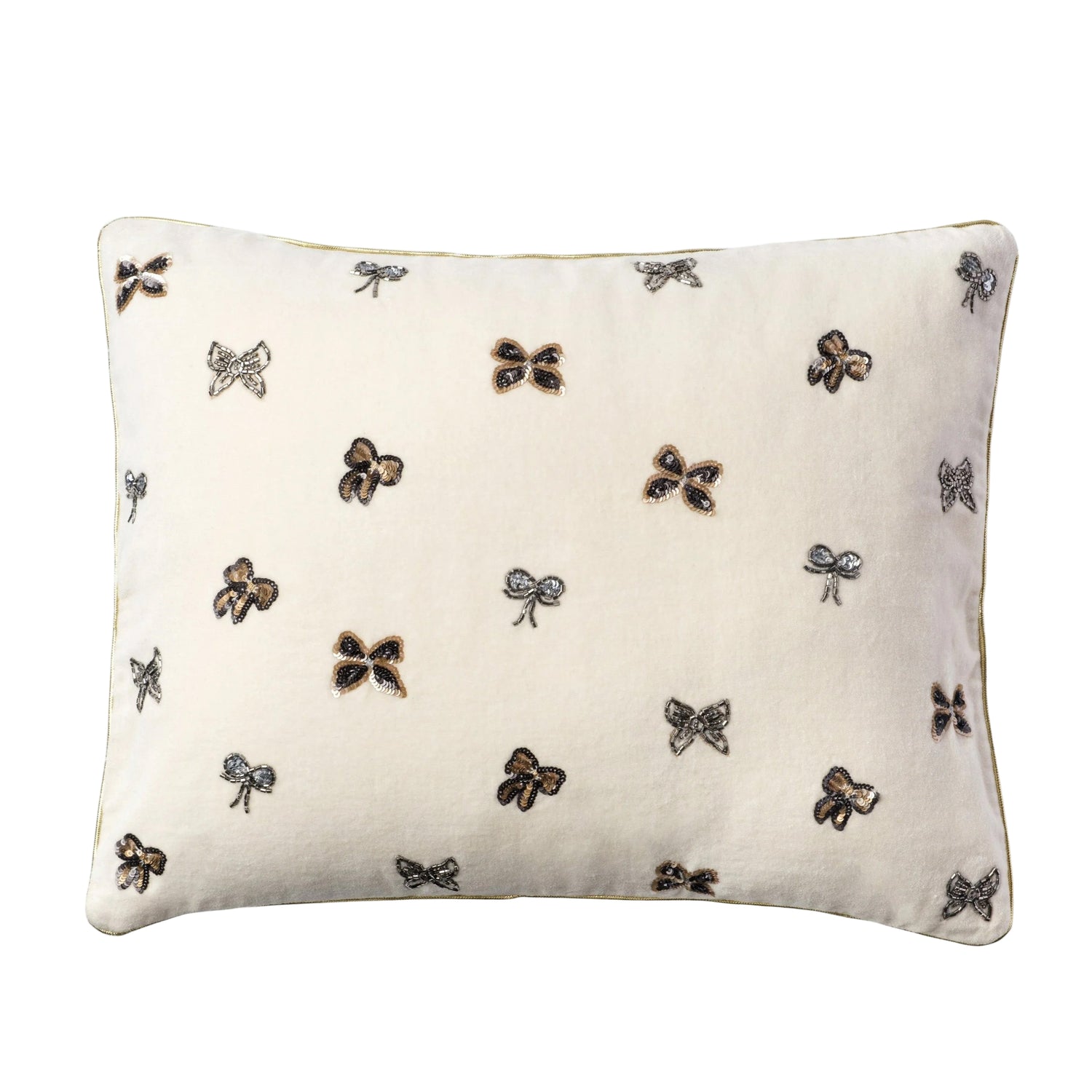 Embroidered Bow Pillow – Cream Cotton Velvet