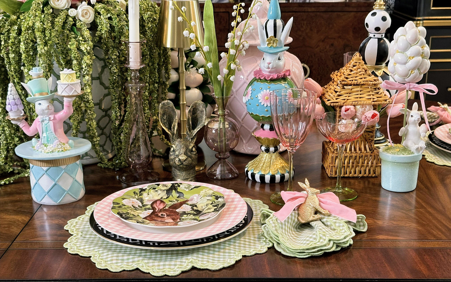 Magnolia Gingham Green Scalloped Fabric Placemat Napkin Set
