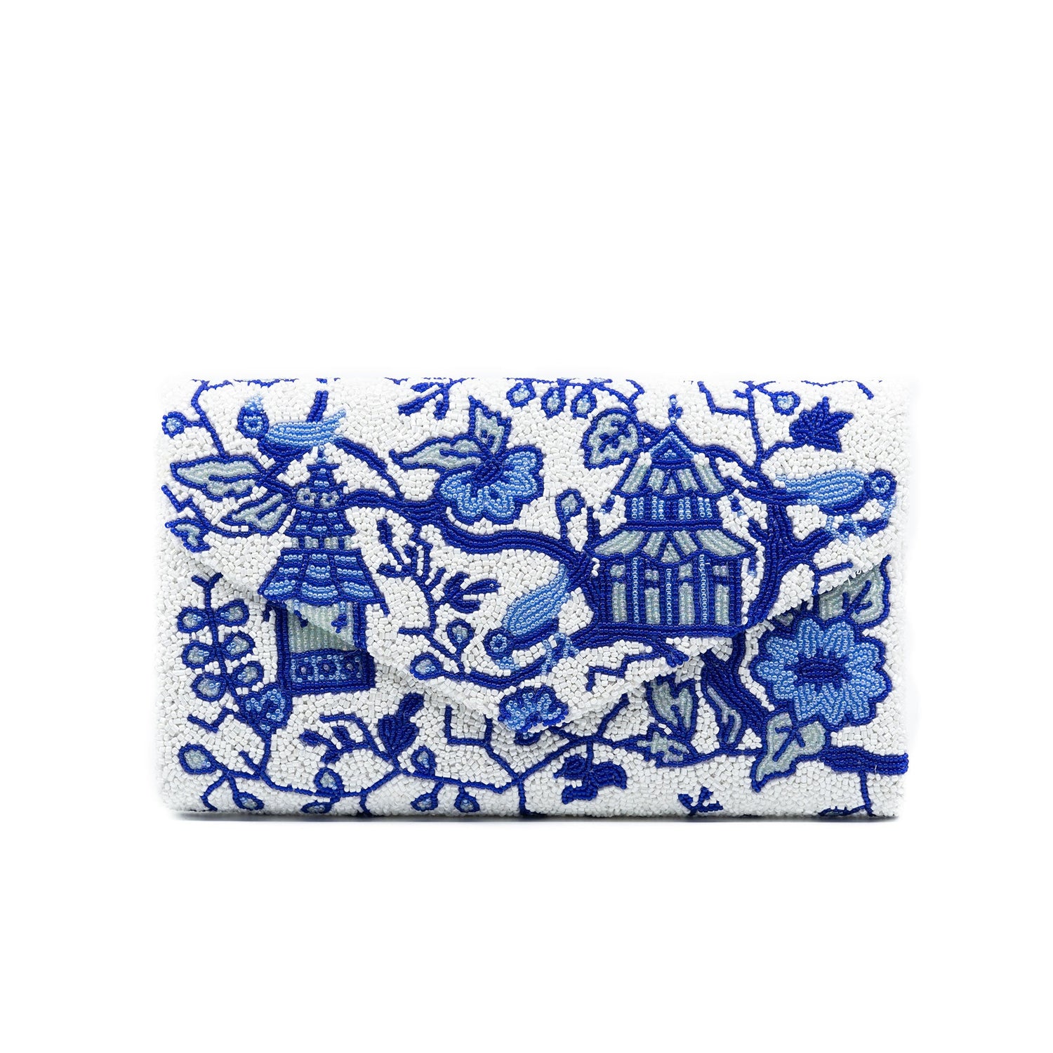 White and Blue Beaded Pagoda Handbag