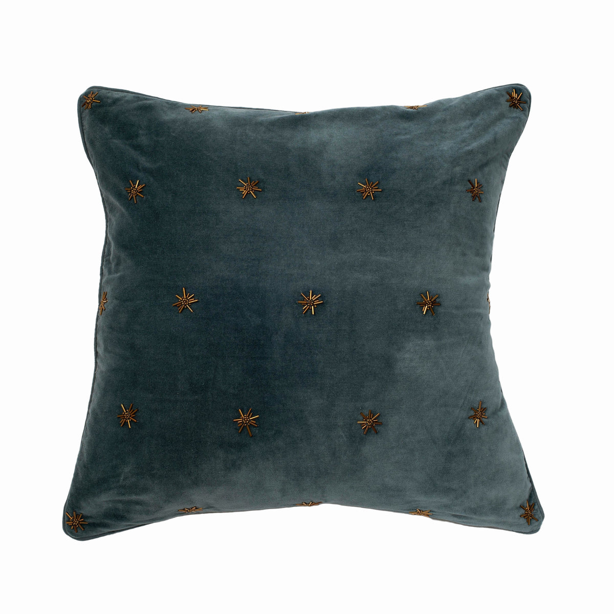 Embroidered Star Pillow – Greyish Green Cotton Velvet
