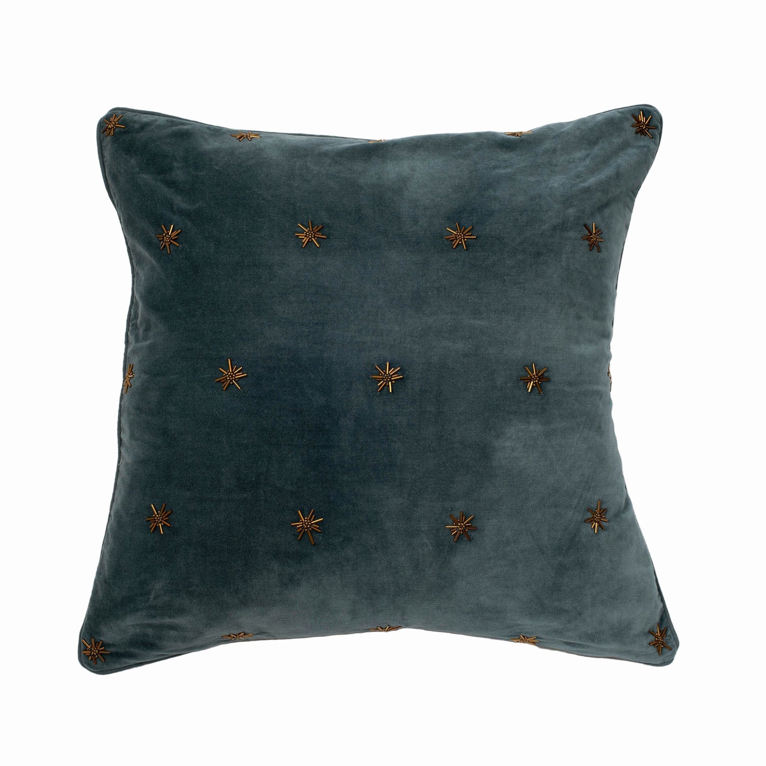Embroidered Star Pillow – Greyish Green Cotton Velvet