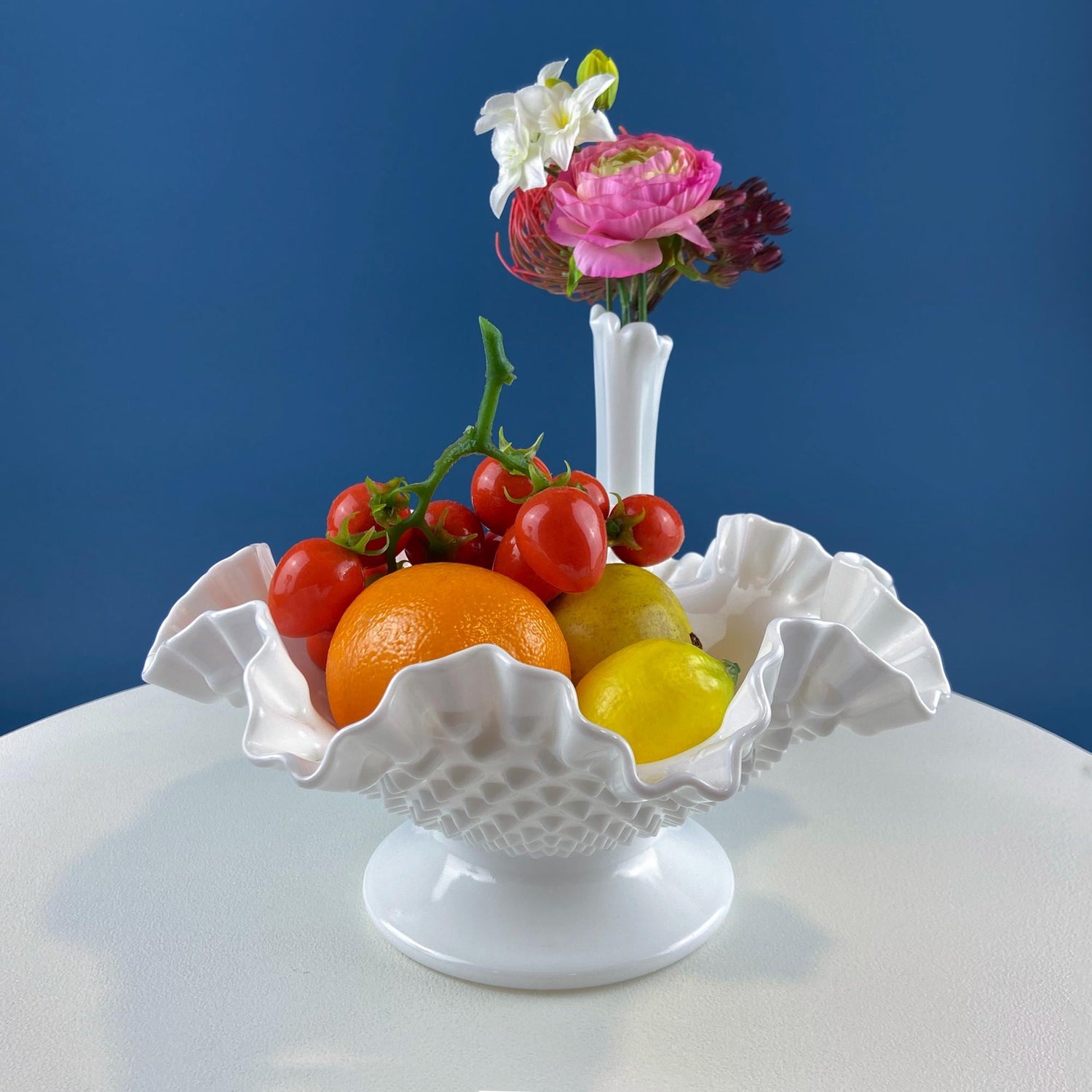 Vintage Fenton Milk Glass Hobnail Footed Bowl – Ruffled Edge
