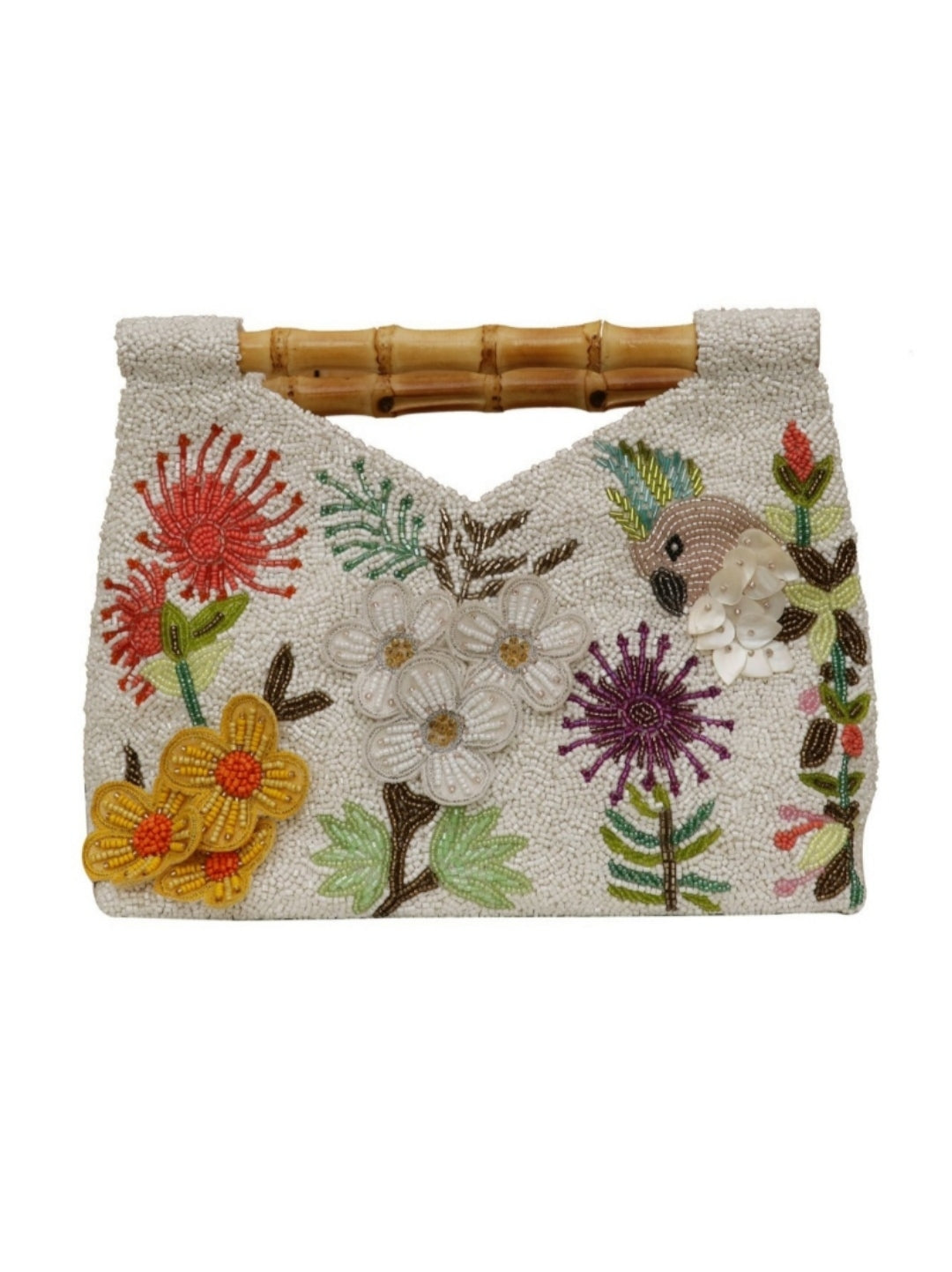 Floral and Birded Beaded Bamboo Handle Handbag