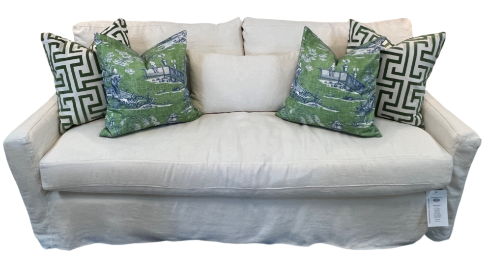 Small-Scale Slipcovered Sofa with White Performance Fabric & Sloped Arms