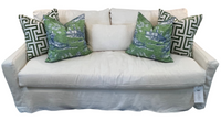 Small-Scale Slipcovered Sofa with White Performance Fabric & Sloped Arms