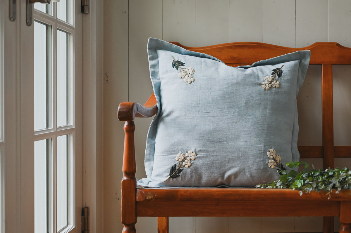 Estella Pillow – Blue Embroidered Floral Pillow Cover (20x20)