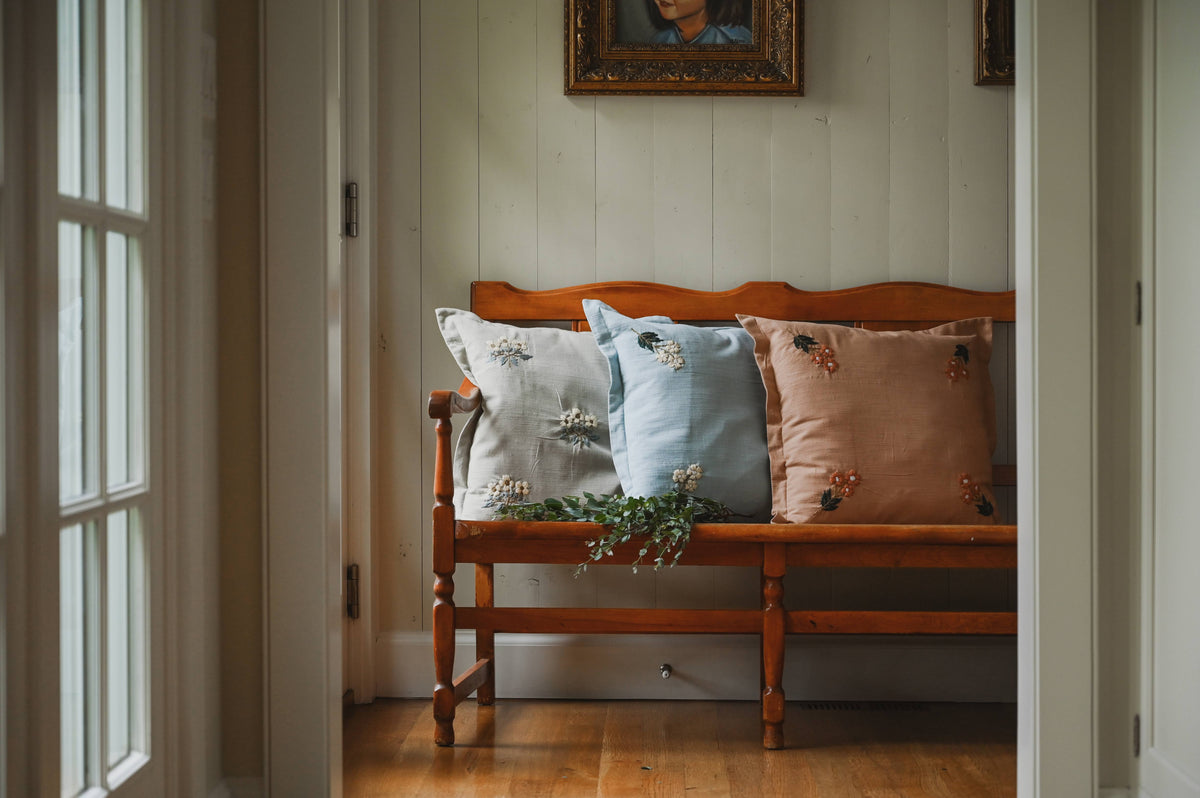 Estella Pillow – Blue Embroidered Floral Pillow Cover (20x20)