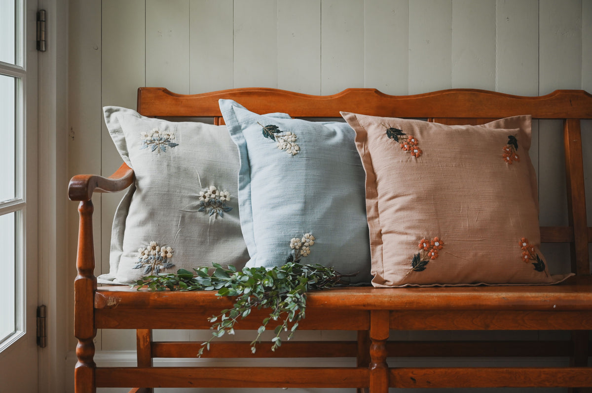 Estella Pillow – Blue Embroidered Floral Pillow Cover (20x20)