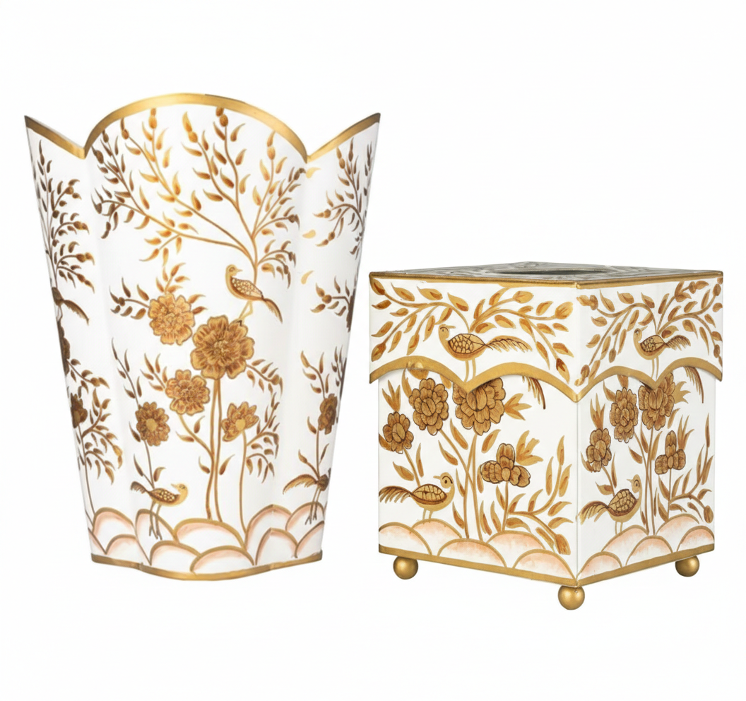 Ivory & Gold Pheasant Wastepaper Basket & Tissue (3 Options)