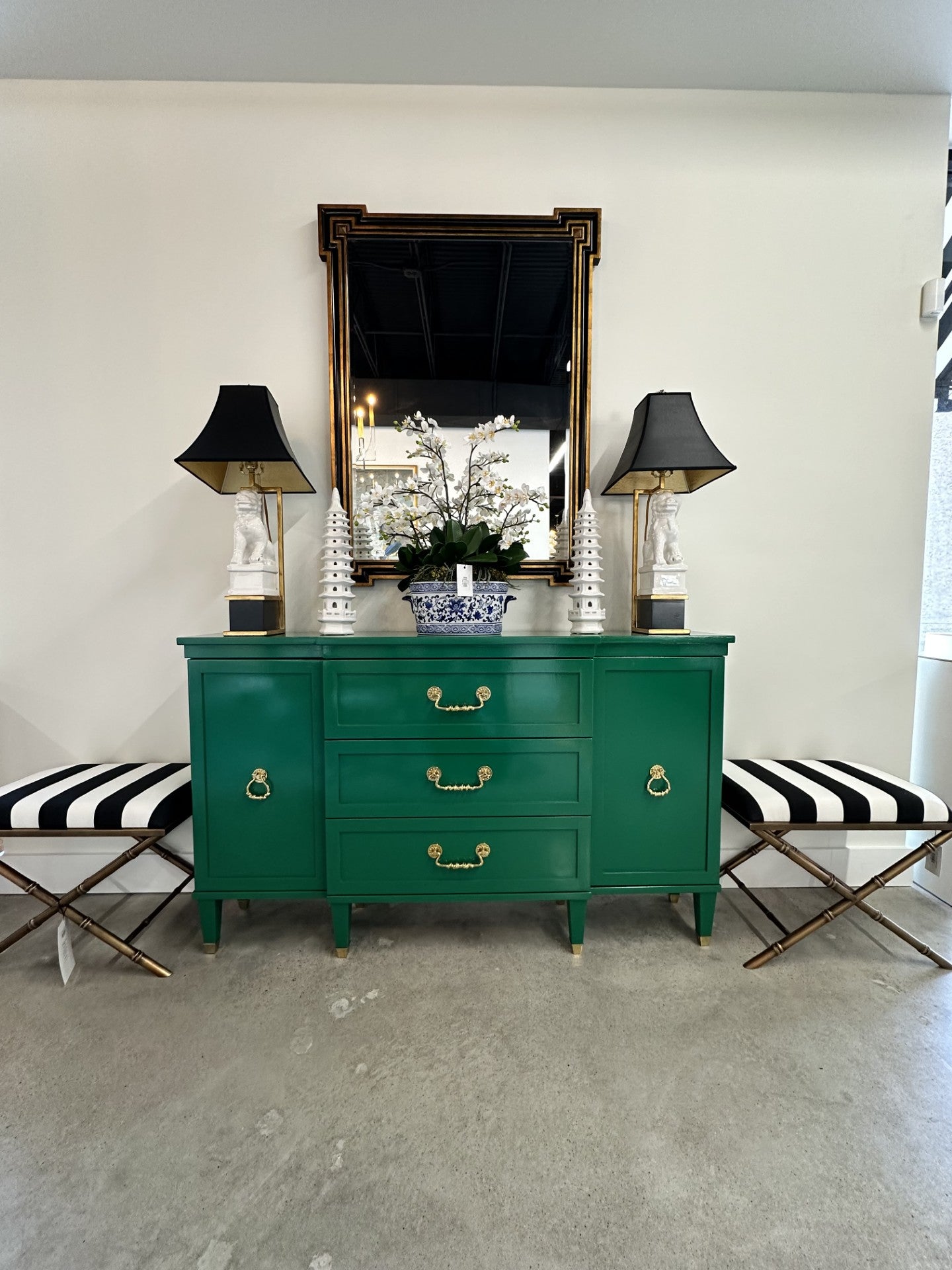 NH River Oaks Collection Breakfront Cabinet in Green Lacquered Maple with Brass Accents