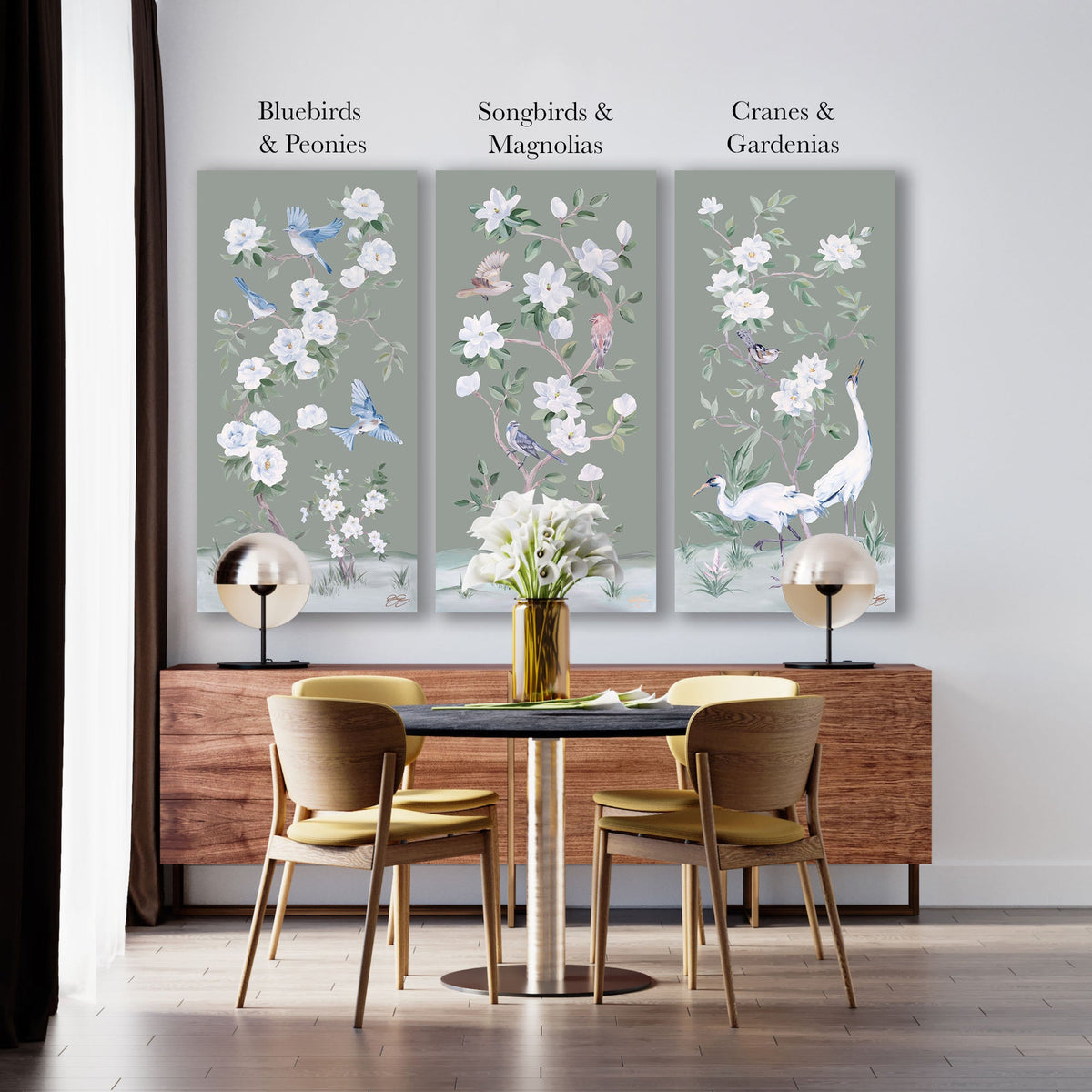 Bluebirds and Peonies – Green Chinoiserie Canvas Wrap (Various Sizes)