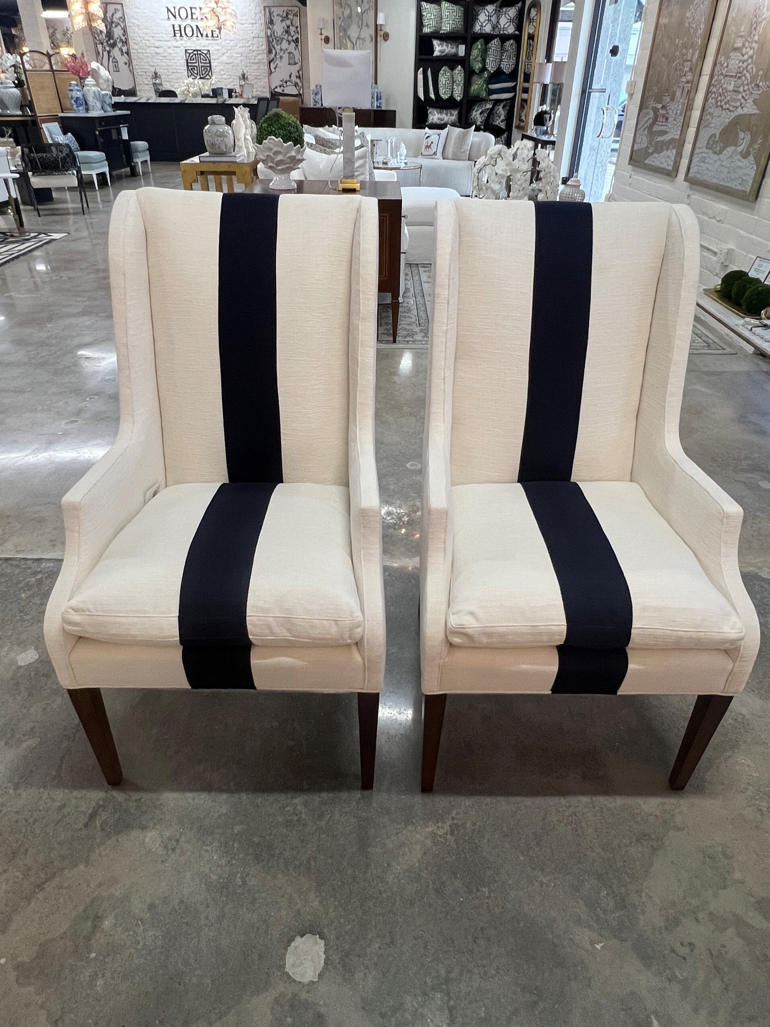 Host/Hostess Dining Chair in White Performance Fabric with Navy Center Stripe