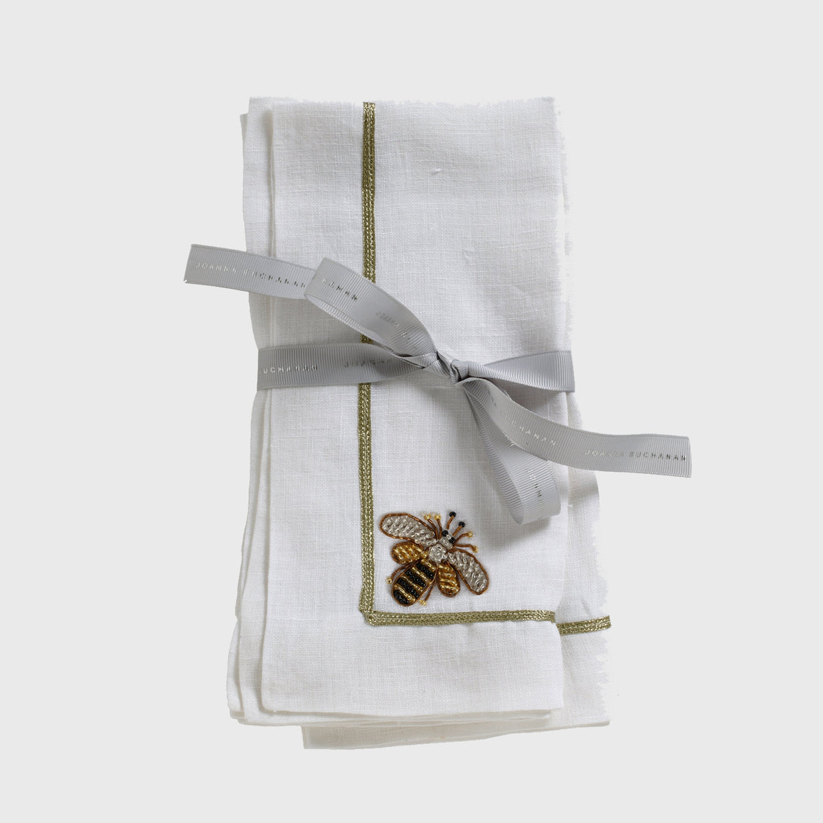 Stripey Bee Linen Dinner Napkins – White (Set of 2)