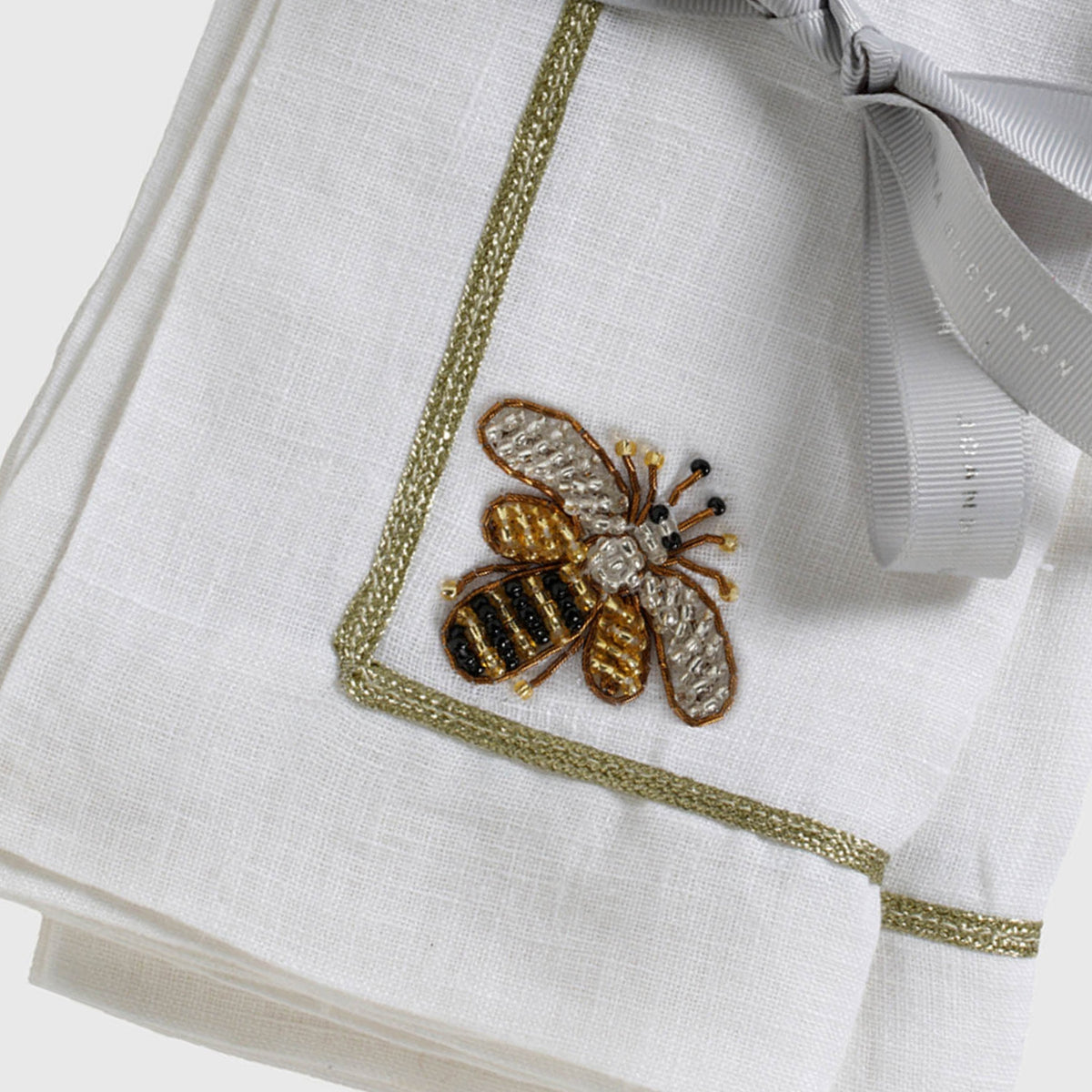 Stripey Bee Linen Dinner Napkins – White (Set of 2)