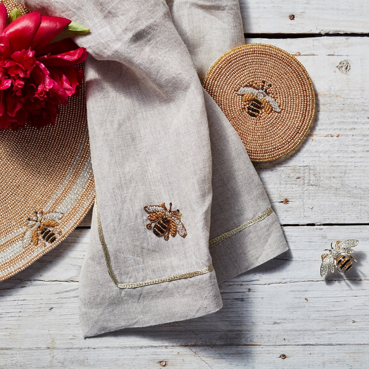 Stripey Bee Linen Dinner Napkins – Flax (Set of 2)