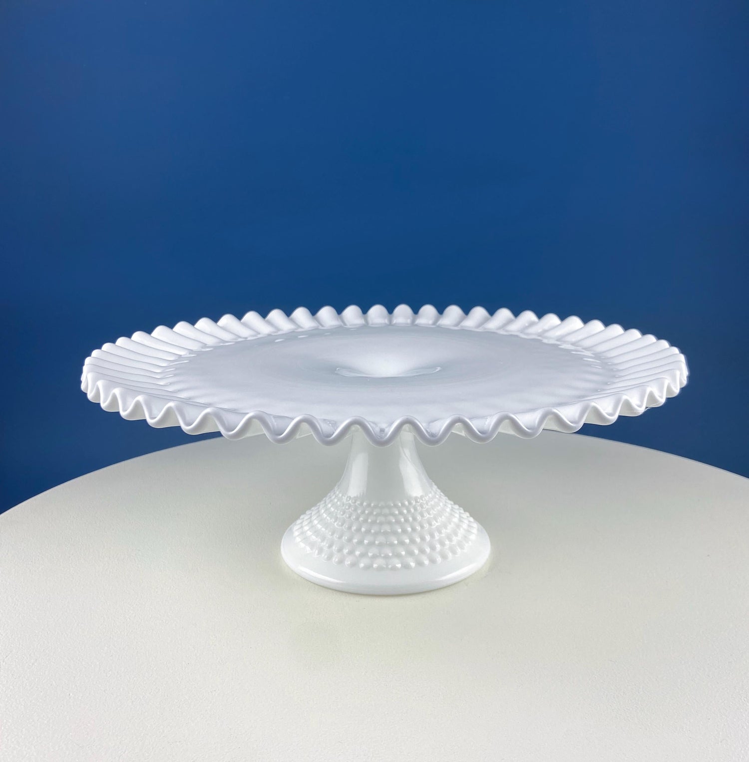Vintage Hobnail Milk Glass Cake Stand – 13" Ruffled Edge
