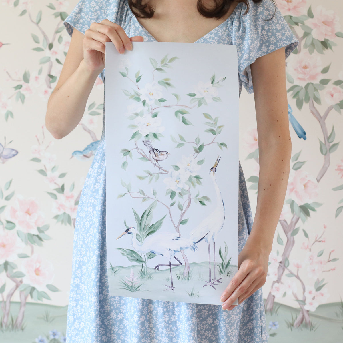 Cranes and Gardenias – Light Blue Chinoiserie Fine Art Paper Print (Various Sizes)