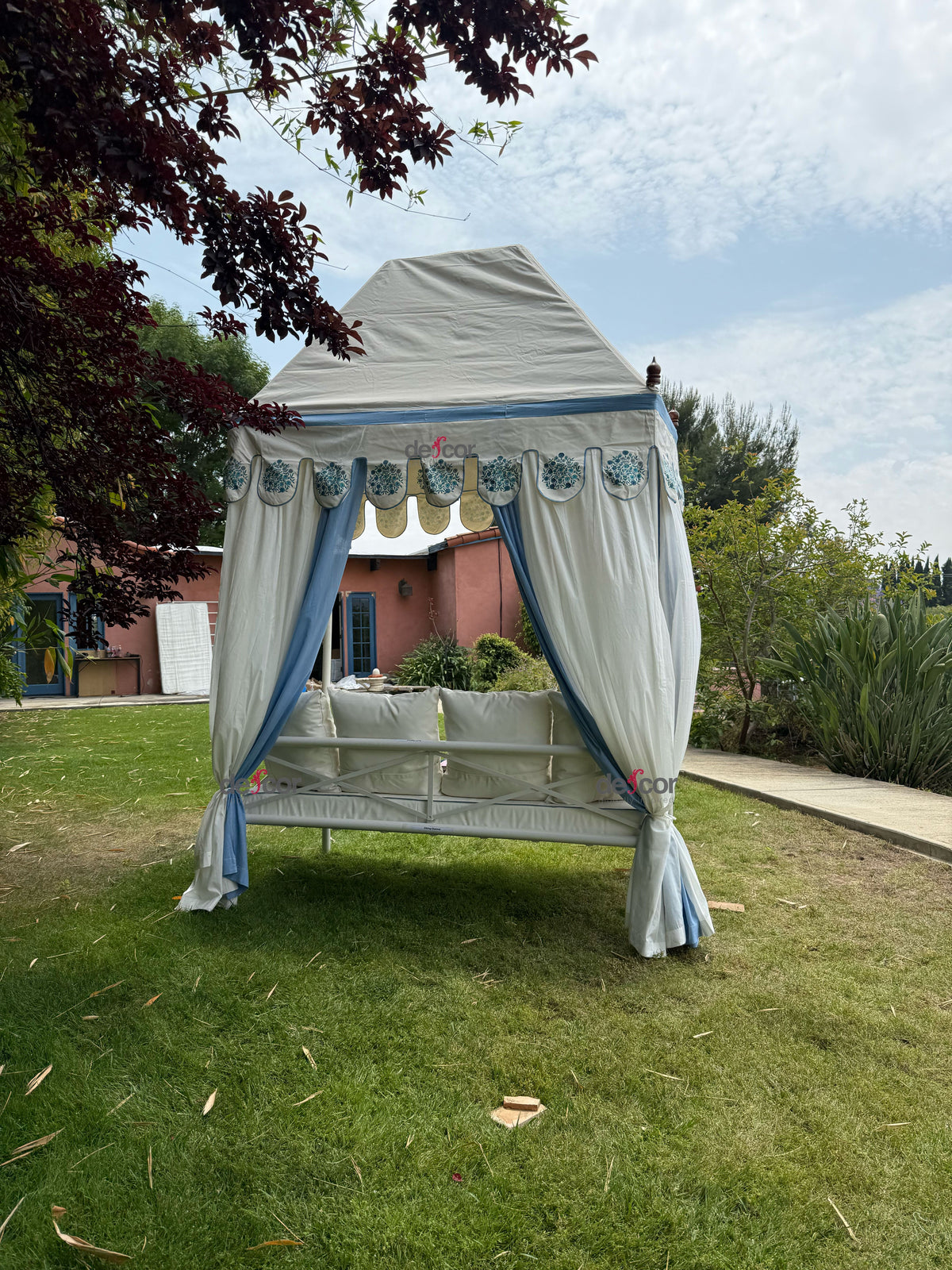 Coastal Blue & White Floral Block Print Garden Daybed