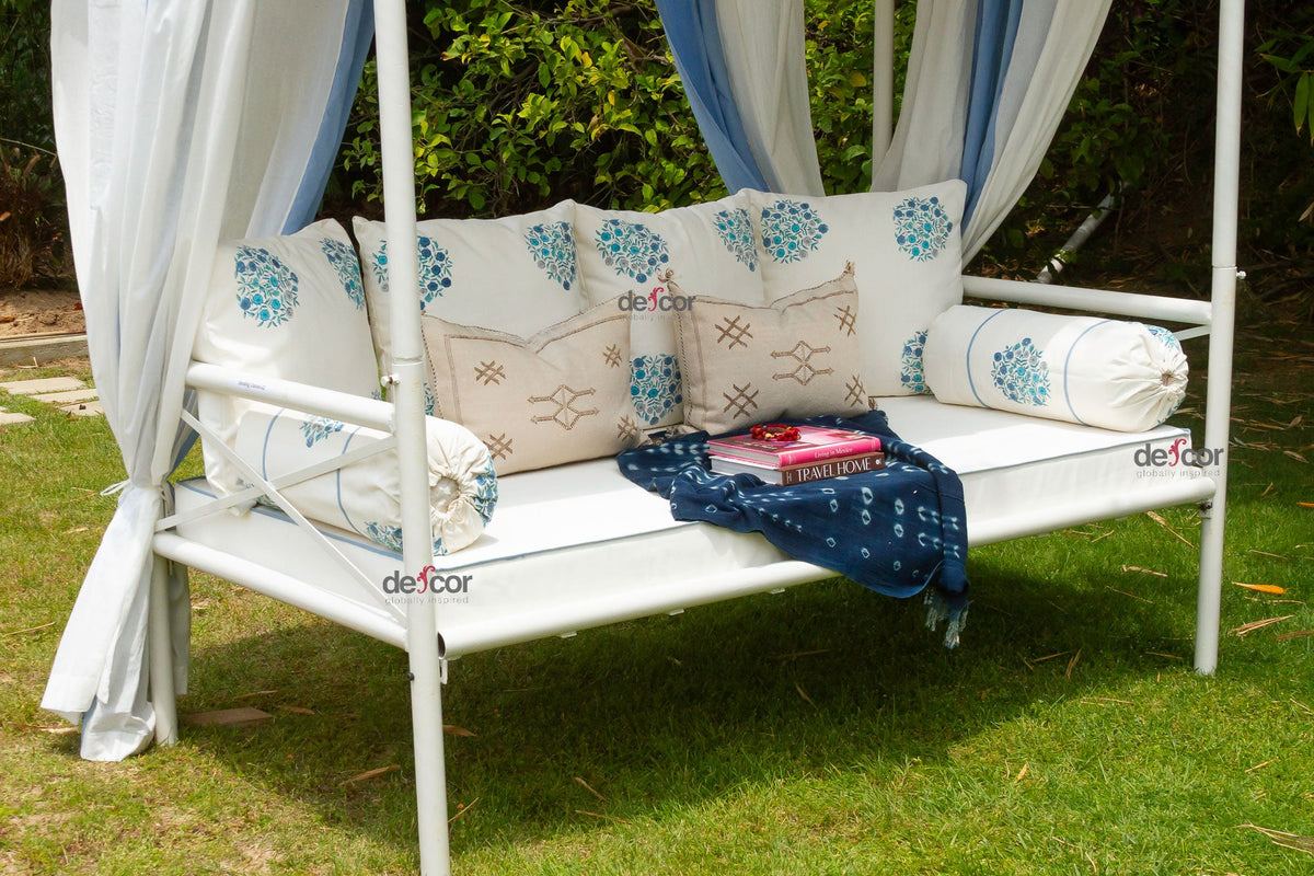 Coastal Blue & White Floral Block Print Garden Daybed