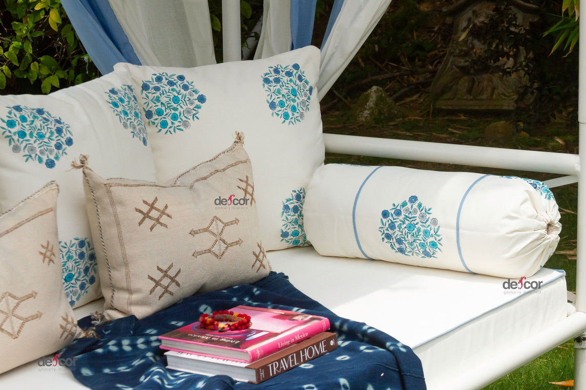 Coastal Blue & White Floral Block Print Garden Daybed