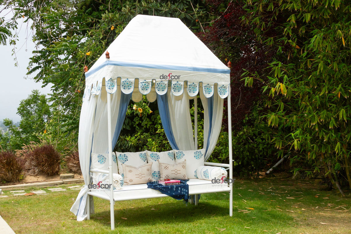 Coastal Blue & White Floral Block Print Garden Daybed