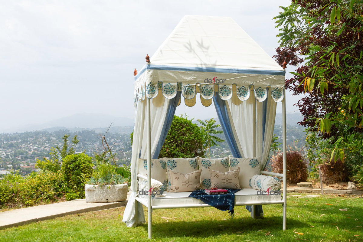 Coastal Blue & White Floral Block Print Garden Daybed