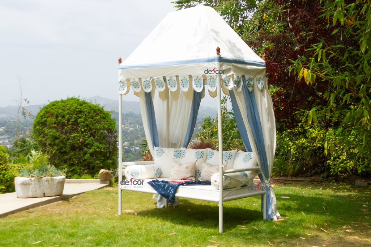 Coastal Blue & White Floral Block Print Garden Daybed