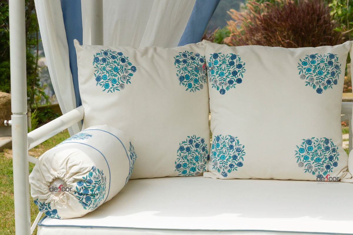 Coastal Blue & White Floral Block Print Garden Daybed