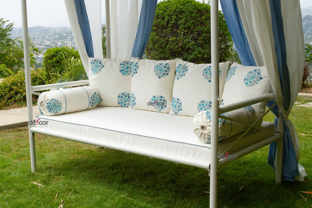 Coastal Blue & White Floral Block Print Garden Daybed