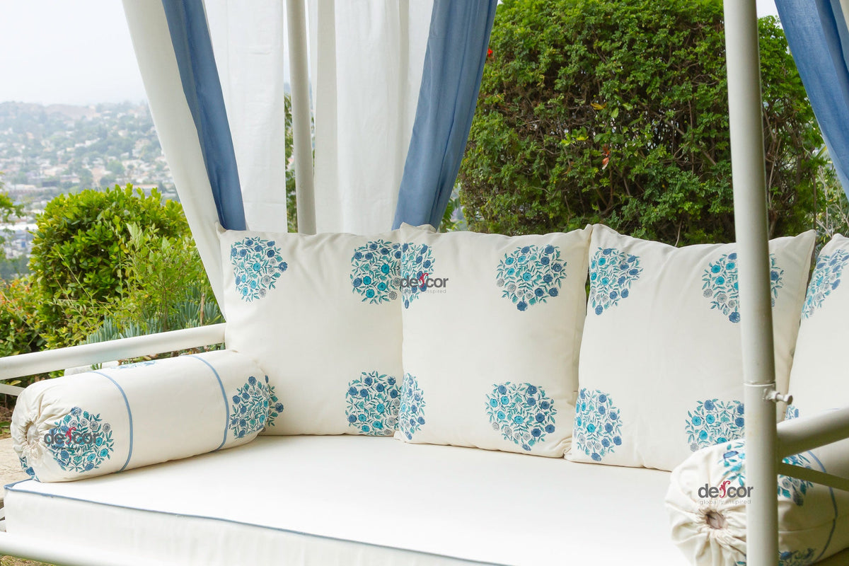 Coastal Blue & White Floral Block Print Garden Daybed