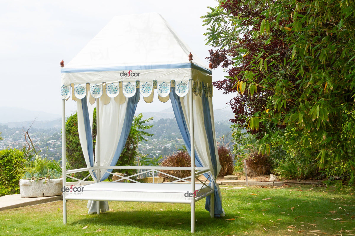Coastal Blue & White Floral Block Print Garden Daybed