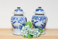 Pair of Vintage Blue & White Porcelain Jars