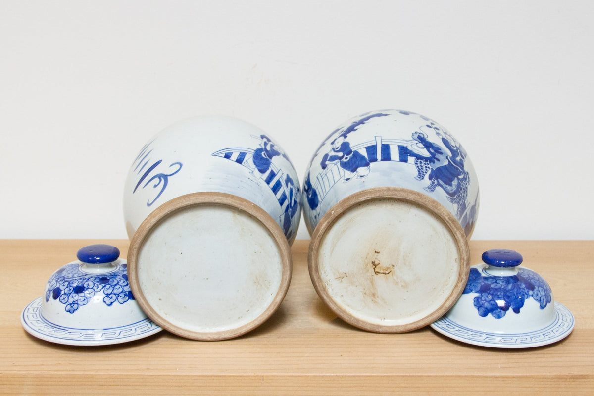 Pair of Vintage Blue & White Porcelain Jars