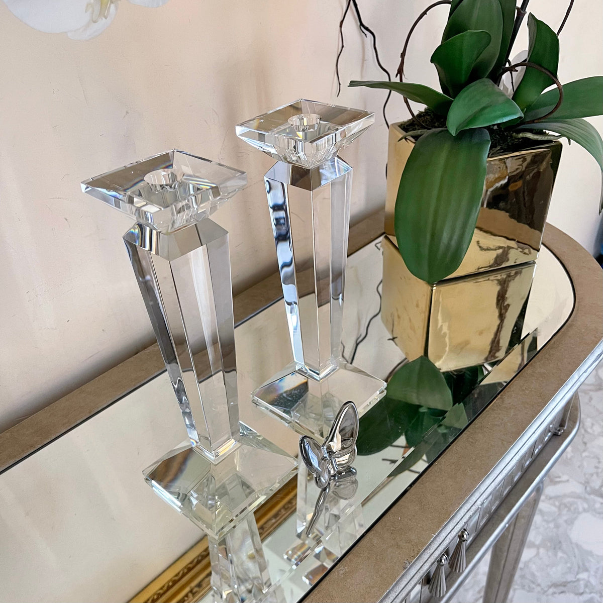 Pair of 11” Sleek Solid Crystal Candlesticks (Various Colors)