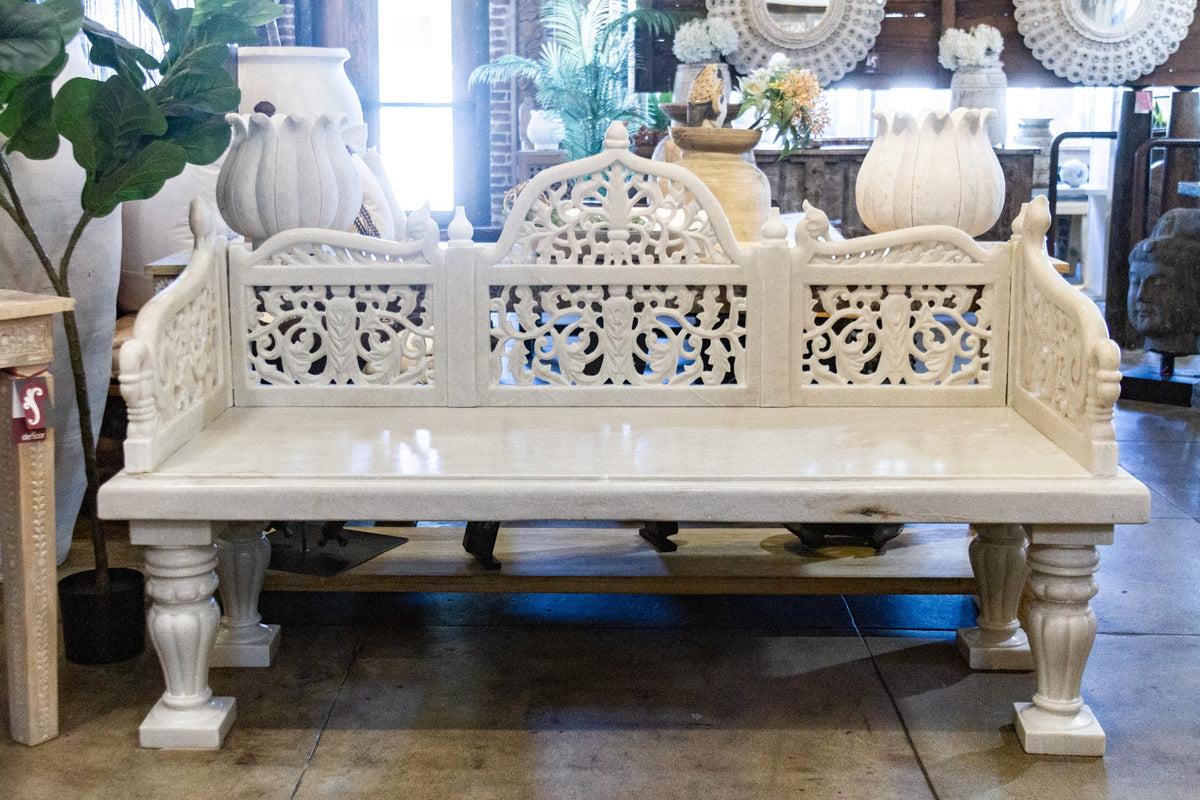 Royal Carved White Marble Garden Bench