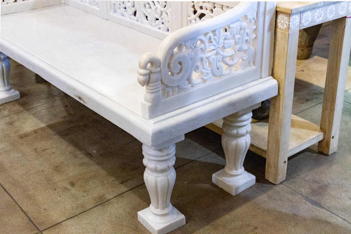 Royal Carved White Marble Garden Bench