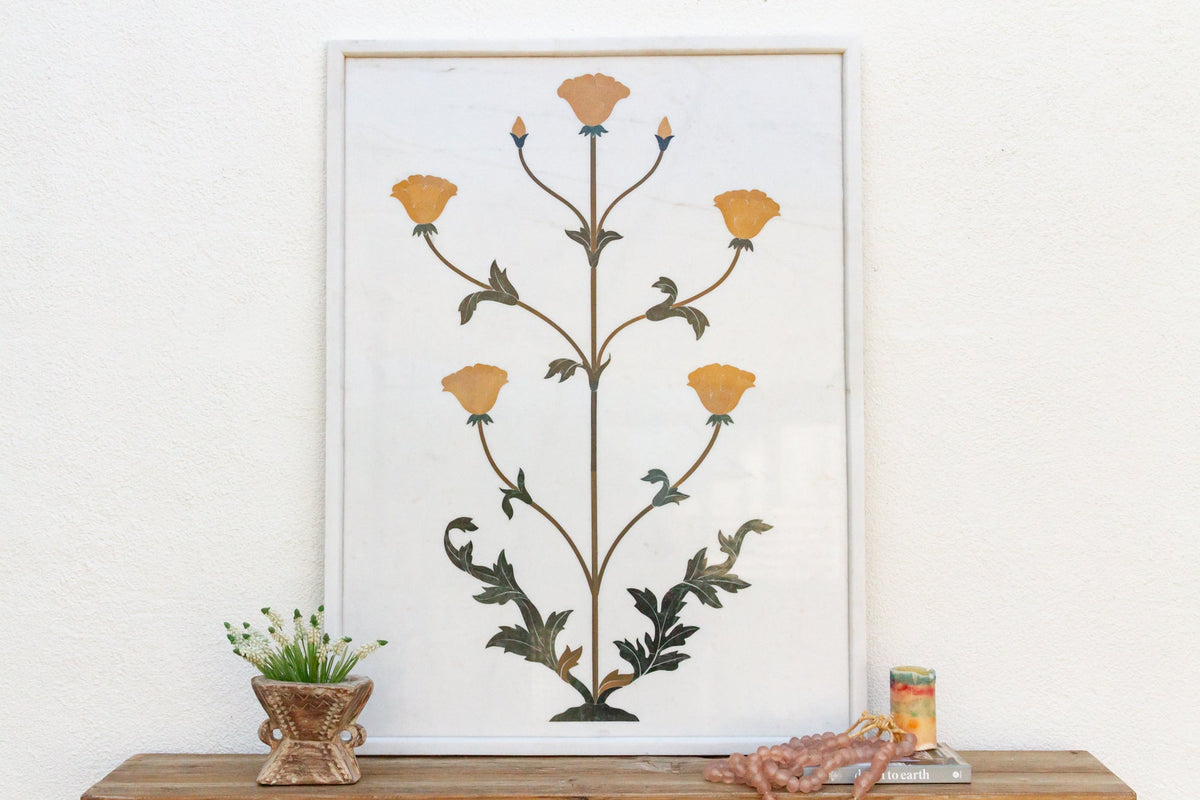 Large Marble & Gemstone Inlay Botanical Panel
