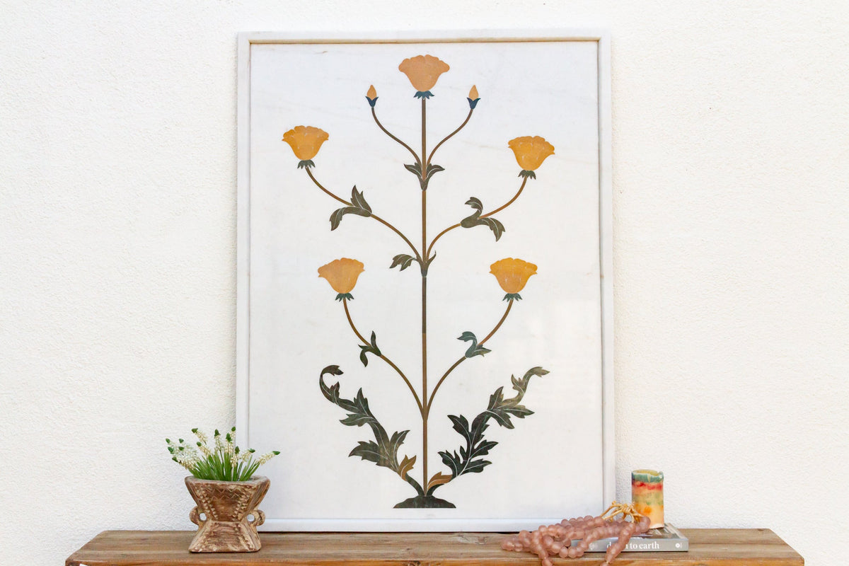 Large Marble & Gemstone Inlay Botanical Panel