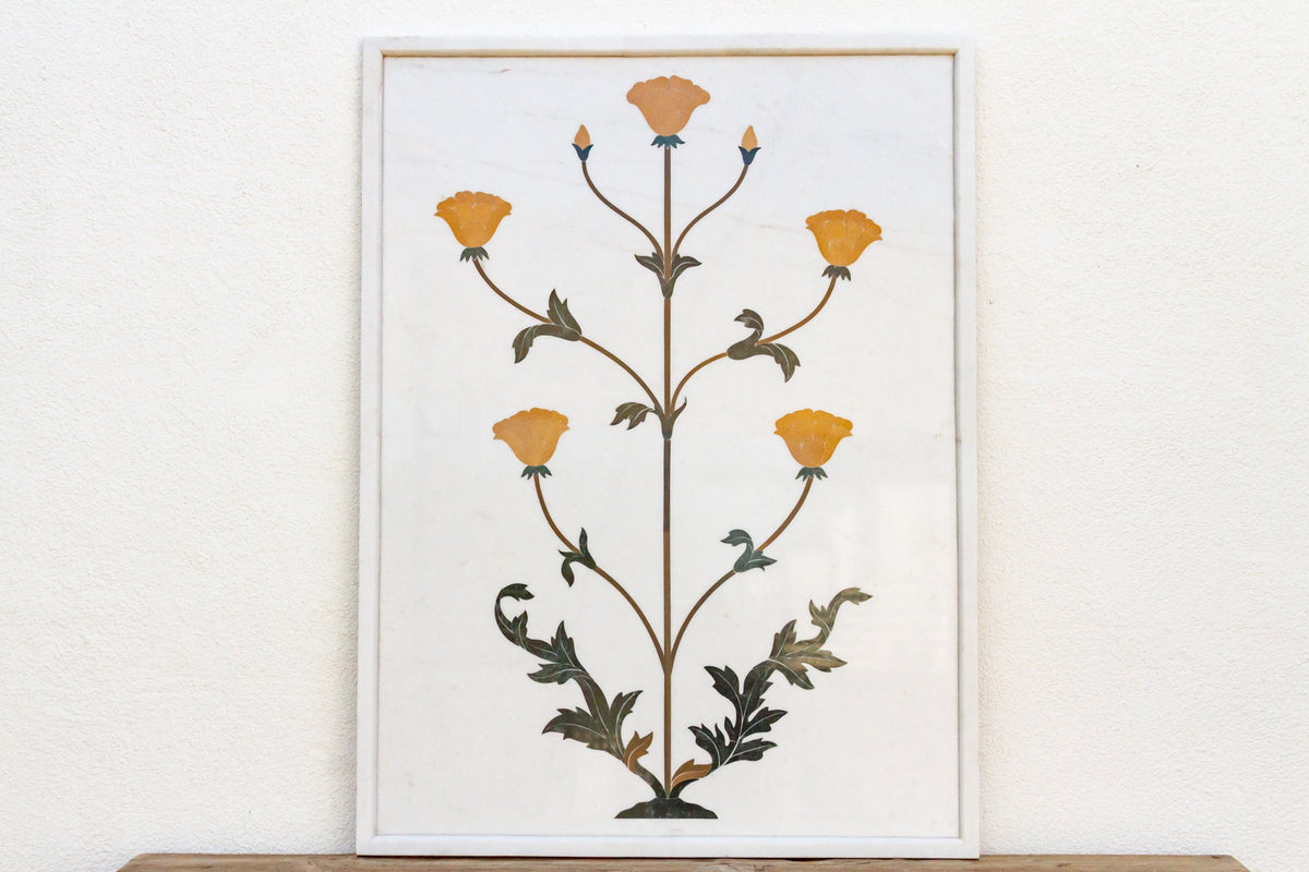 Large Marble & Gemstone Inlay Botanical Panel