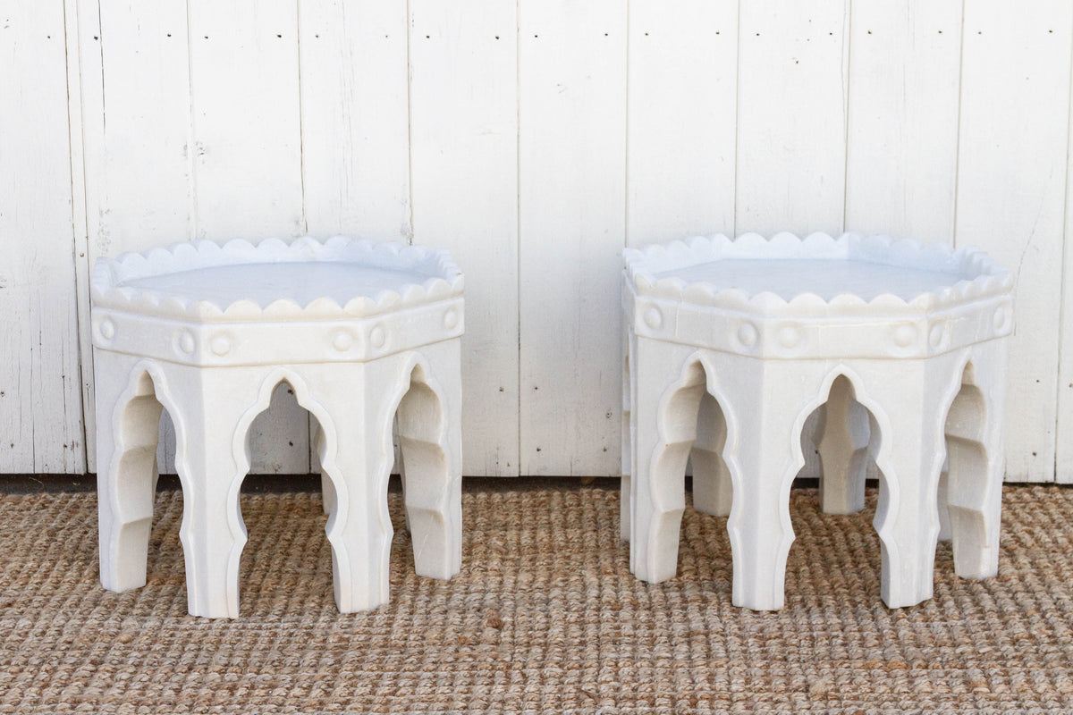 Pair of Carved White Marble End Tables