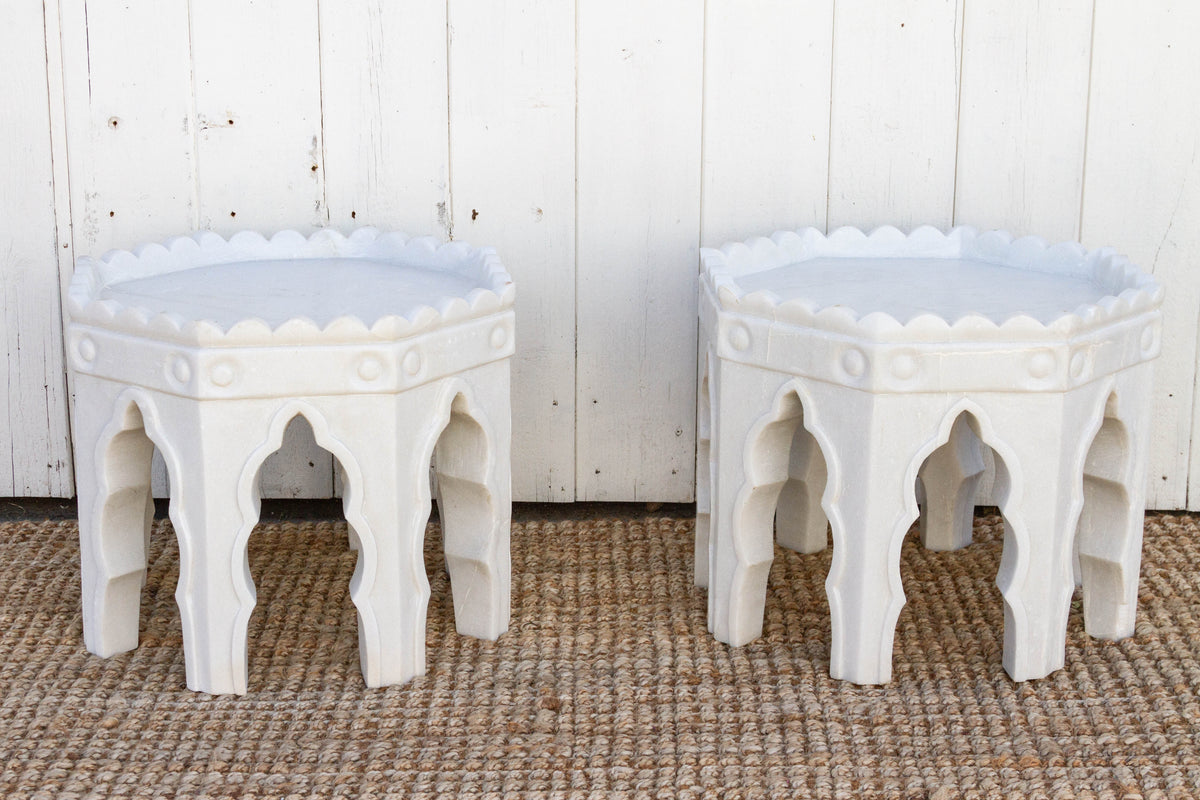 Pair of Carved White Marble End Tables