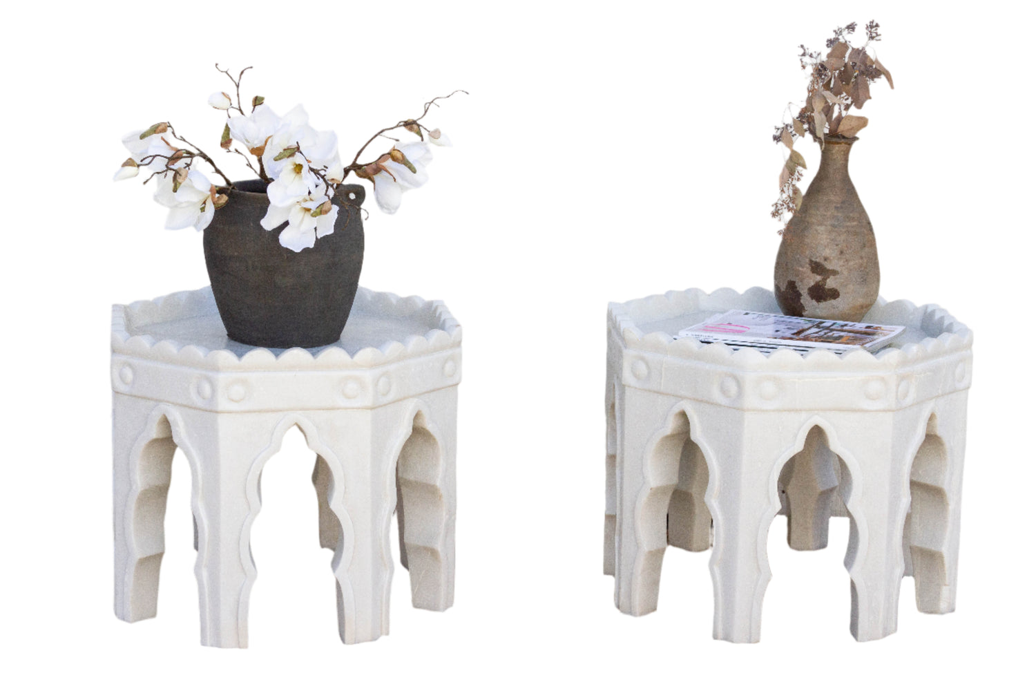 Pair of Carved White Marble End Tables