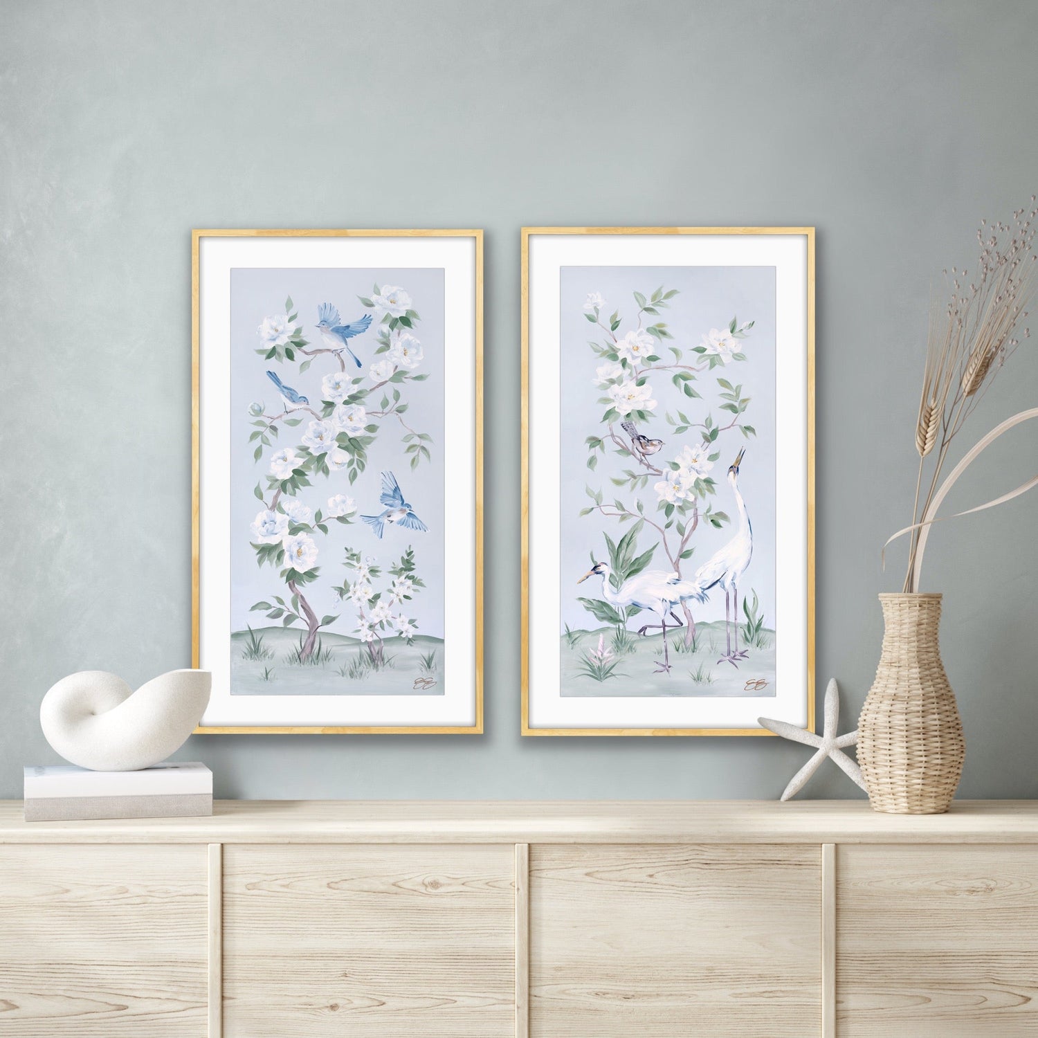 Bluebirds and Peonies – Light Blue Chinoiserie Fine Art Paper Print (Various Sizes)